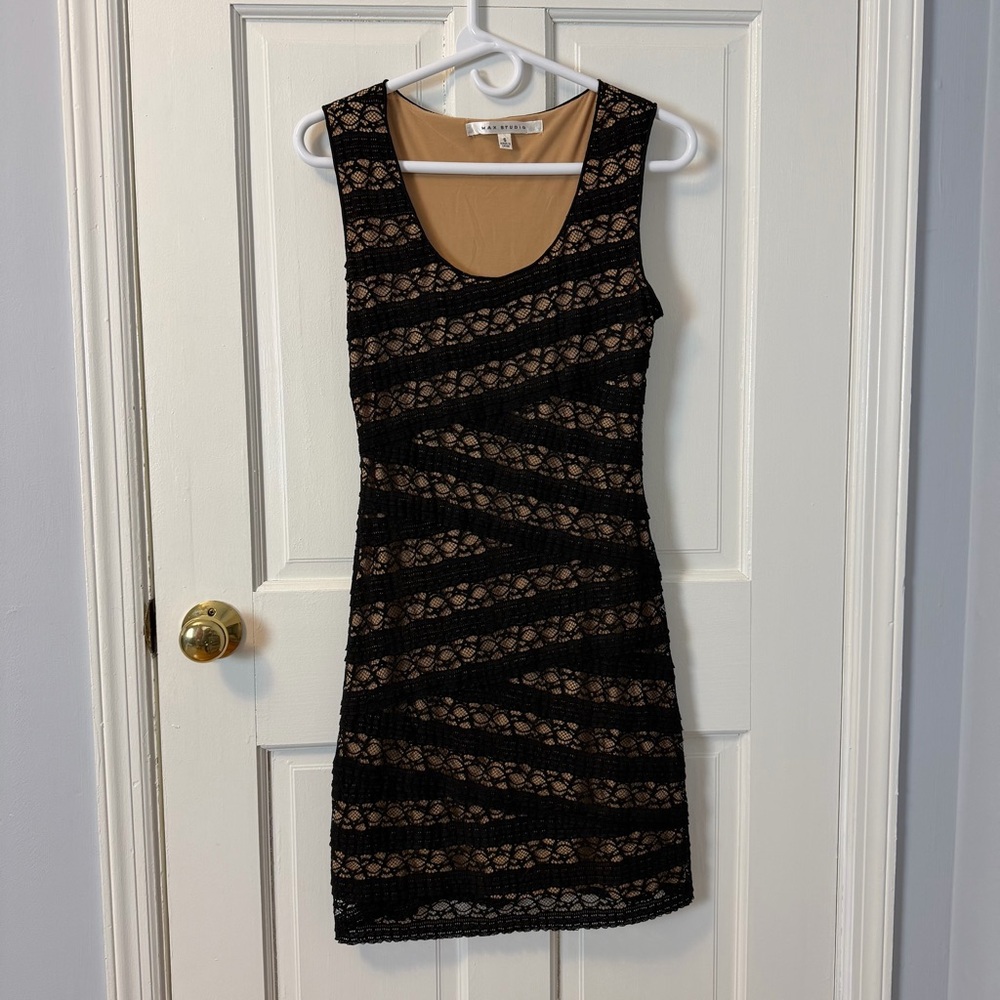 Max Studio Knee Length Cocktail Dress in Black Lace with Tan Lining, Size S